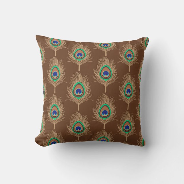 Peacock Feathers, Camel Tan on Chocolate Brown Cushion (Front)