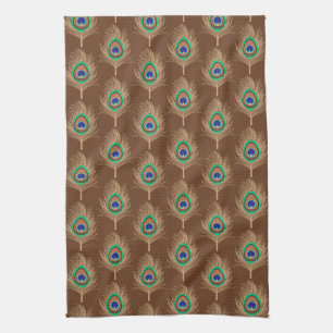 Peacock Feathers, Camel Tan on Chocolate Brown Tea Towel