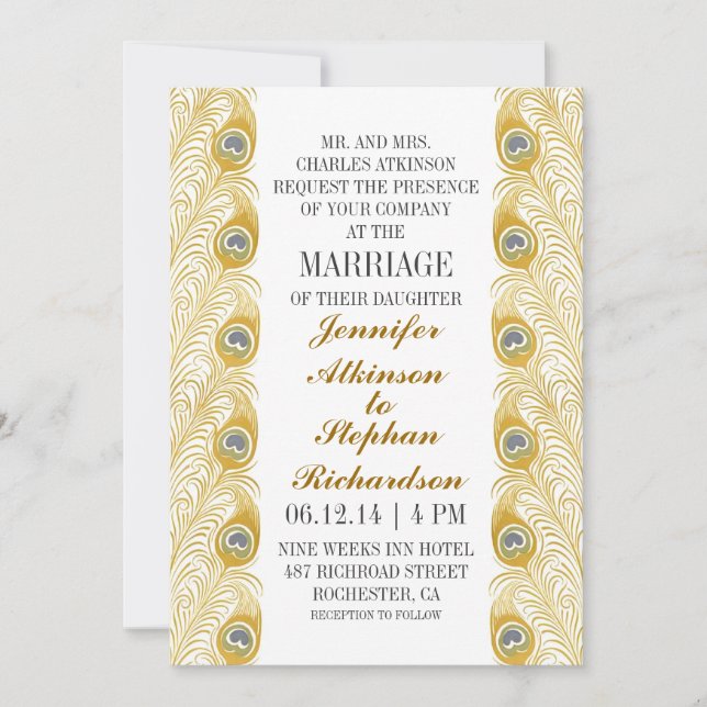 peacock feathers classic white wedding invitations (Front)