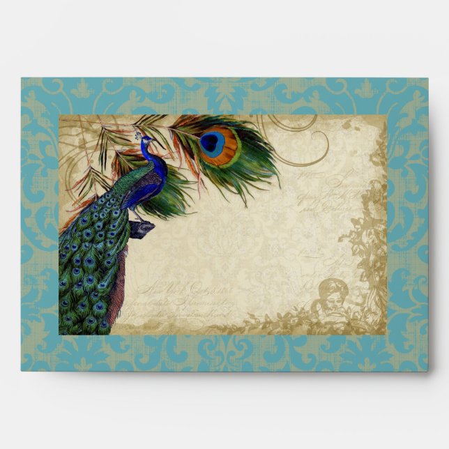 Peacock & Feathers Elegant Matching Wedding Set Envelopes (Front)