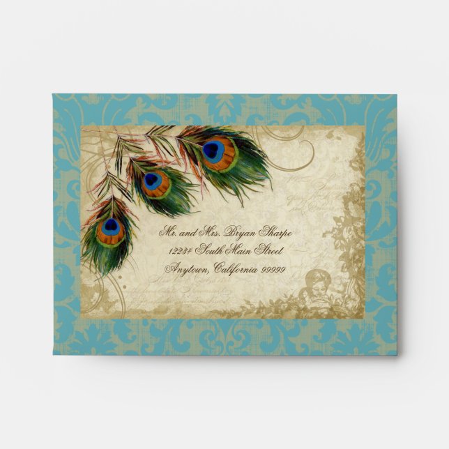 Peacock & Feathers Elegant Matching Wedding Set Envelopes (Front)