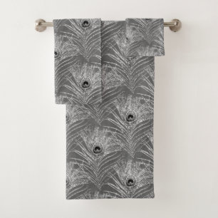 Peacock feathers elegant silver grey pattern bath towel set