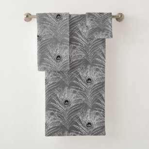Peacock feathers elegant silver grey pattern bath towel set