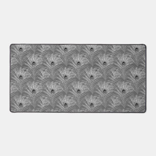 Peacock feathers elegant silver grey pattern desk mat