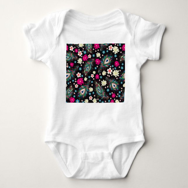 Peacock Feathers Embroidery Seamless Pattern Baby Bodysuit (Front)