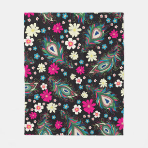 Peacock Feathers Embroidery Seamless Pattern Fleece Blanket