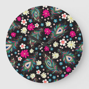 Peacock Feathers Embroidery Seamless Pattern Large Clock