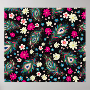 Peacock Feathers Embroidery Seamless Pattern Poster