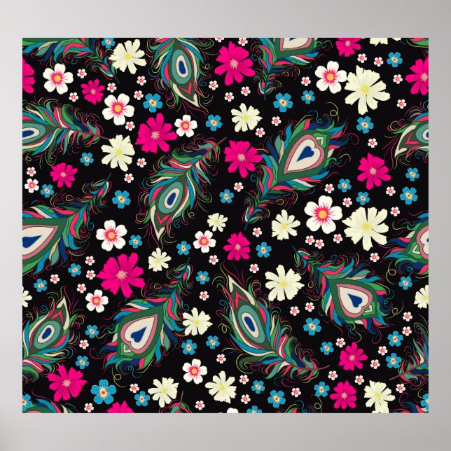 Peacock Feathers Embroidery Seamless Pattern Poster (Front)