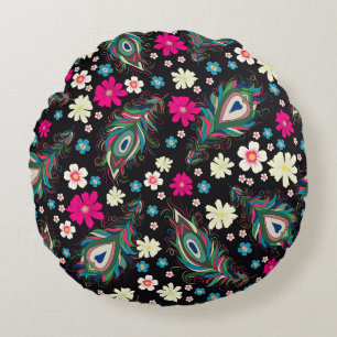 Peacock Feathers Embroidery Seamless Pattern Round Cushion