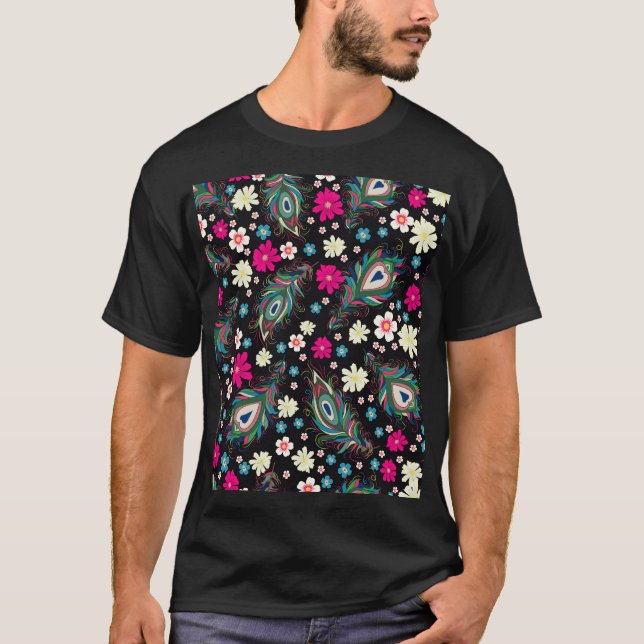 Peacock Feathers Embroidery Seamless Pattern T-Shirt (Front)