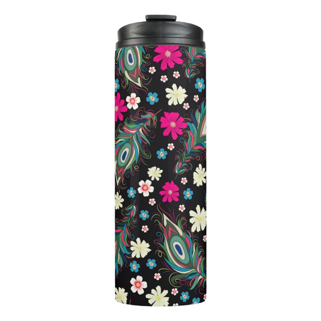 Peacock Feathers Embroidery Seamless Pattern Thermal Tumbler (Front)