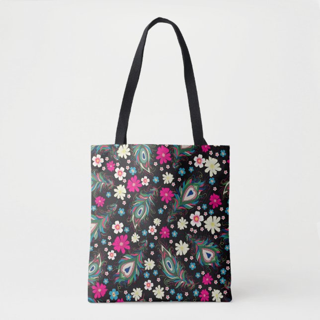 Peacock Feathers Embroidery Seamless Pattern Tote Bag (Front)