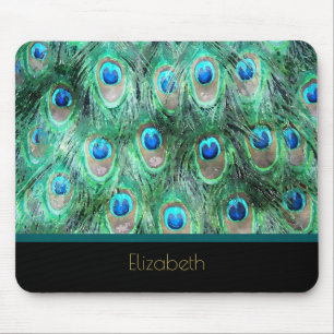 Peacock Feathers Exotic Wild Watercolor Pattern Mouse Pad