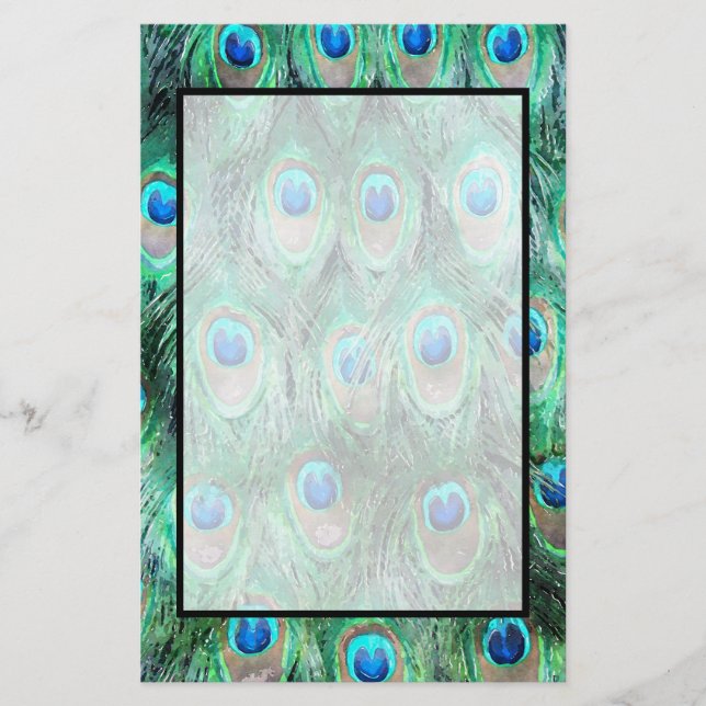 Peacock Feathers Exotic Wild Watercolor Pattern Stationery (Front)