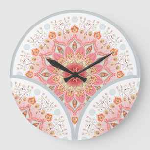 Peacock Feathers, Floral Round Ornament. Large Clock