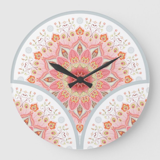 Peacock Feathers, Floral Round Ornament. Large Clock (Front)