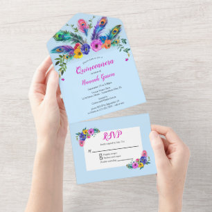 Peacock Feathers & Flowers Baby Blue Quinceañera All In One Invitation
