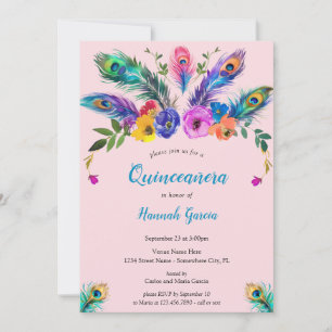 Peacock Feathers & Flowers Blush Pink Quinceañera Invitation