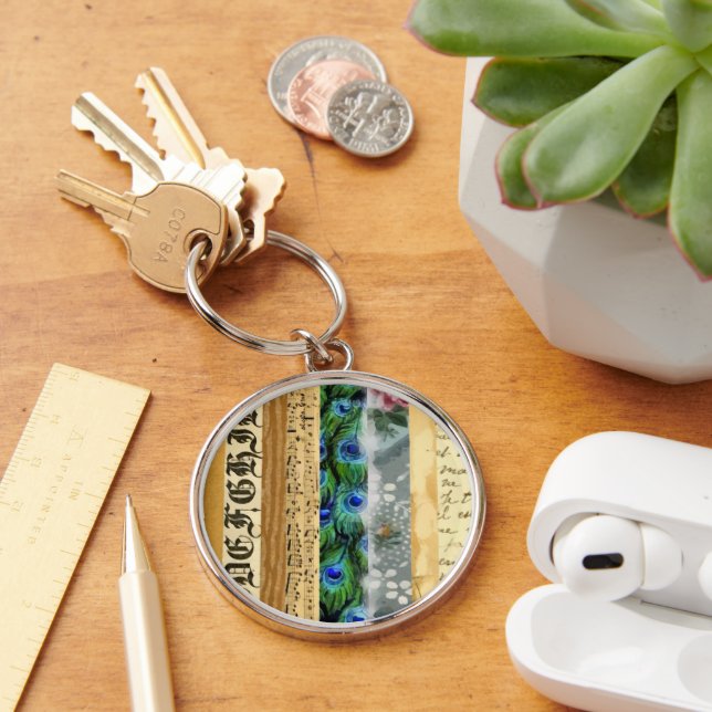 Peacock Feathers, Flowers, Leaves, Music Notes Key Ring (Desk)