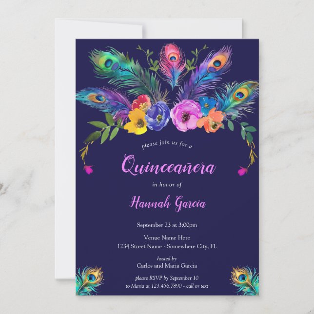 Peacock Feathers & Flowers Purple Quinceañera Invitation (Front)