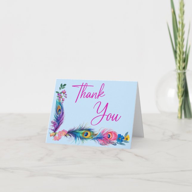 Peacock Feathers & Flowers Quinceañera Baby Blue Thank You Card (Front)