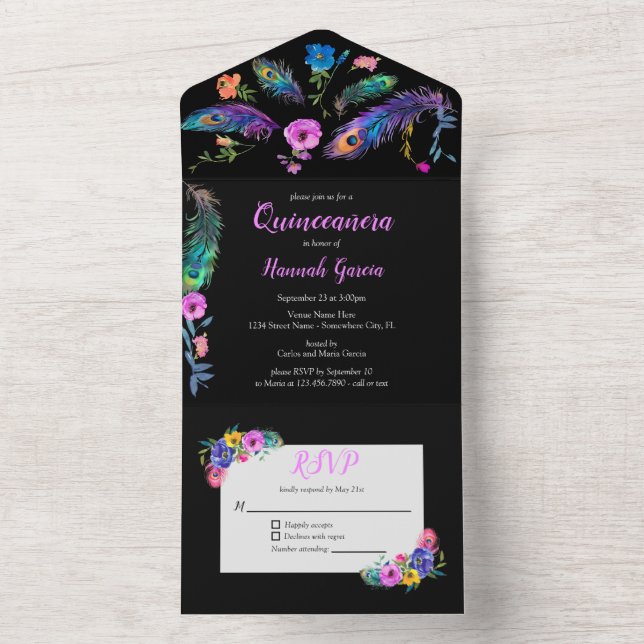 Peacock Feathers & Flowers Quinceañera Black All In One Invitation (Inside)