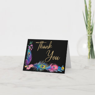 Peacock Feathers & Flowers Quinceañera Black Thank You Card