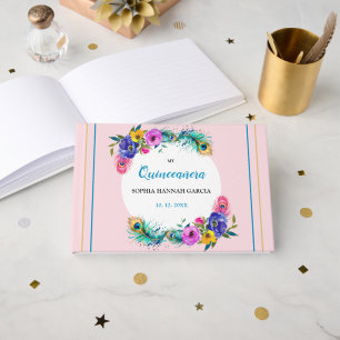 Peacock Feathers & Flowers Quinceañera Blush Pink Guest Book