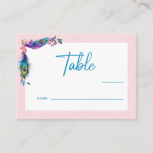 Peacock Feathers & Flowers Quinceañera Blush Pink Place Card