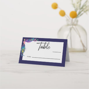 Peacock Feathers & Flowers Quinceañera Purple Place Card