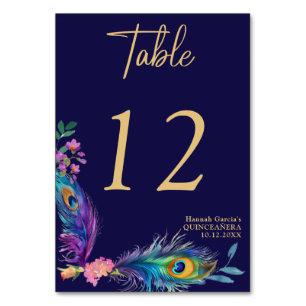 Peacock Feathers & Flowers Quinceañera Table Number