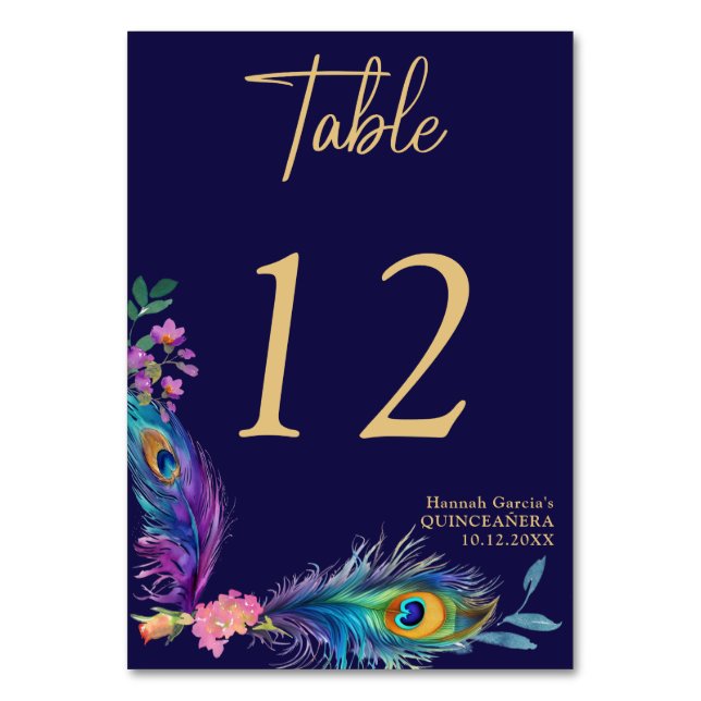 Peacock Feathers & Flowers Quinceañera Table Number (Front)