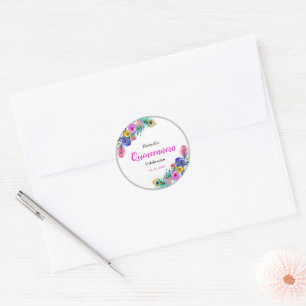 Peacock Feathers & Flowers Quinceañera White Classic Round Sticker