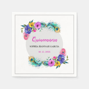 Peacock Feathers & Flowers Quinceañera White Napkin