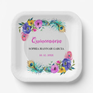 Peacock Feathers & Flowers Quinceañera White Paper Plate