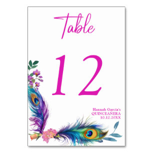 Peacock Feathers & Flowers Quinceañera White Table Number