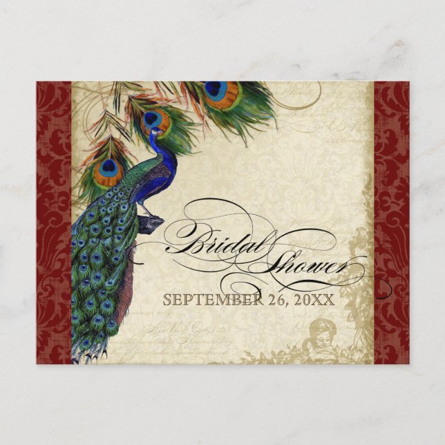 Peacock & Feathers Formal Bridal Shower Red Invitation Postcard (Front)