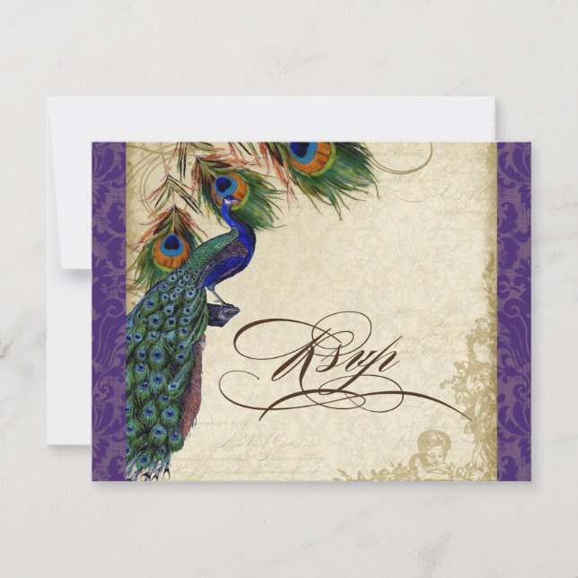 Peacock & Feathers Formal RSVP Response Purple (Front)