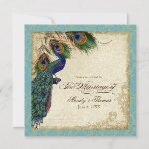 Peacock & Feathers Formal Wedding Invite Aqua Blue