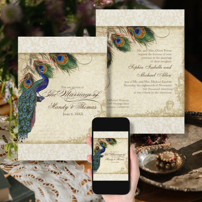 Peacock & Feathers Formal Wedding Invite Cream (Creator Uploaded)