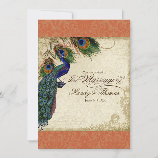 Peacock & Feathers Formal Wedding Invite Orange (Front)