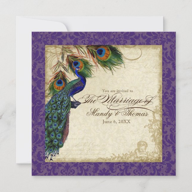 Peacock & Feathers Formal Wedding Invite Purple (Front)