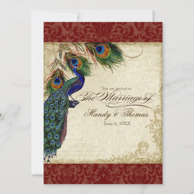 Peacock & Feathers Formal Wedding Invite Red (Front)