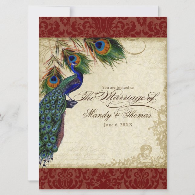 Peacock & Feathers Formal Wedding Invite Red (Front)