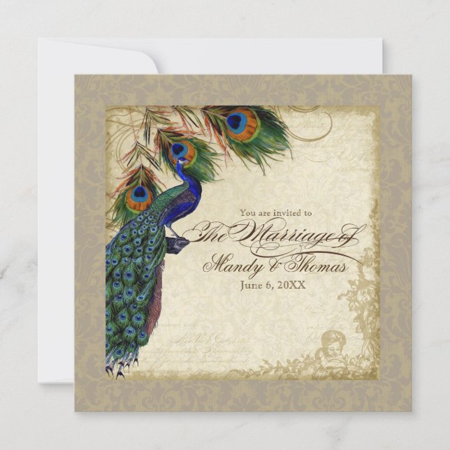 Peacock & Feathers Formal Wedding Invite Taupe Tan (Front)
