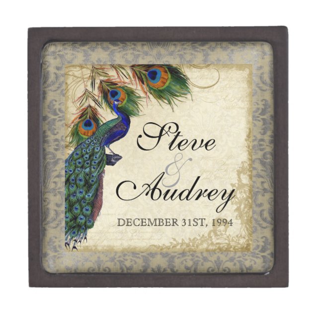 Peacock & Feathers Formal Wedding Ring Trinket Jewellery Box (Front)