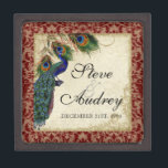 Peacock & Feathers Formal Wedding Ring Trinket Keepsake Box<br><div class="desc">COLOR PALETTE: deep burgundy red, tan, cream royal blue, green, and rust. DESIGN: This antique vintage inspired wedding collection has a complete ensemble of products and can be created in several colorways. If you would like it to match your wedding let us know via email and we'll be happy to...</div>