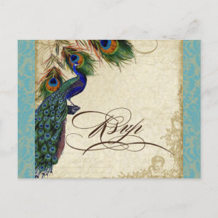 Peacock & Feathers Formal Wedding RSVP Response Invitation Postcard