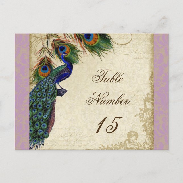 Peacock & Feathers Formal Wedding Table Numbers Postcard (Front)